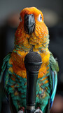 Fototapeta Big Ben - Closeup portrait of a blue and yellow Macaw parrot, Ara ararauna with microphone. AI Generative