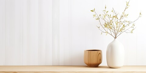 Modern living room interior with eucalyptus vase and bamboo jewelry box on wooden table against white wall.