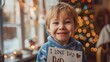 Little smiling boy with cute festive holiday letter I love dad. Fathers day card concept. Generative ai