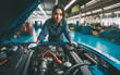 African american woman, professional mechanic, working on an electric car engine. Suitable for concepts as EV maintenance, woman working on traditional male jobs, workplace diversity and occupational
