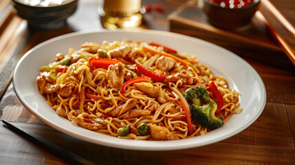 Poster - Stir-fry noodles with vegetables on a plate.