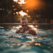 A handsome Attractive man model swimming in a pool sunset, blurred bokeh background, an aged man with a beard and an athletic pumped up sports body rejoices and smiles