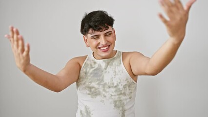 Poster - Handsome young man wearing a sleeveless t-shirt, standing with arms wide open ready for a hug. smiling at the camera, he radiates cheerful happiness on an isolated white background.