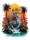 Fototapeta  - Jaguar on the island with palm trees. Ready for t-shirt print,  Vector illustration, jaguar, panthera, leopard, wildlife, feline, animal, africa, predator, background, wild, art, nature, mammal