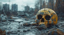 A Vivid Yellow Skull Amidst Urban Decay Under A Bleak Sky