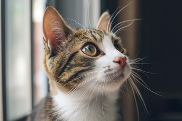 Cute domestic kitten at home with a begging playful look close up. Head of a curious young cat close up