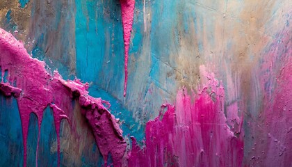 Abstract messy paint strokes and smudges on an old painted wall. Pink, purple, blue color drips, flows, streaks of paint and paint sprays