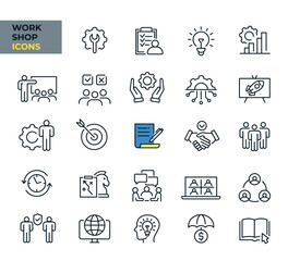 workshop web icons in line style. business,teamwork, partnership, training, coaching, collection. ve
