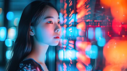 Asian young girl discovering new futuristic technologies in data center building