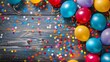 A lively frame of colorful balloons, streamers, and confetti, artfully arranged on rustic wood planks