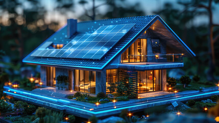 futuristic generic smart home with solar panels rooftop system for renewable energy concepts as wide