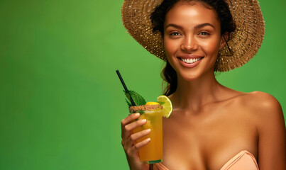 Wall Mural - A smiling young woman wearing beachwear with a cocktail in her hands