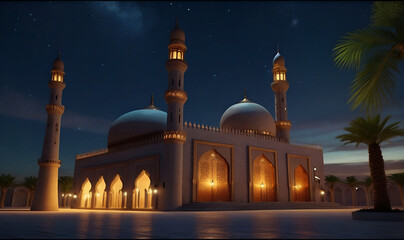 A house in a Muslim country, in the form of a mosque, against a backdrop of desert and palm trees