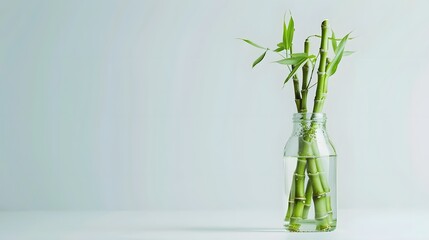 Wall Mural - Bamboo shoots growing in a bottle, against a white background.