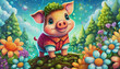 baby pig in red shirt is cutting tree