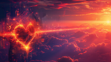 Wall Mural - An abstract background, the concept of falling in love.
Neon heart in the clouds