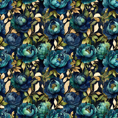 Wall Mural - seamless  pattern with blue roses and  gold leaves, dark background