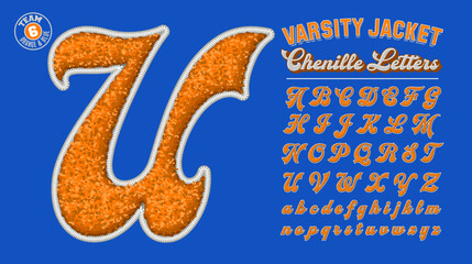 Wall Mural - A collection of team numbers and swooshes with a letter jacket chenille patch effect, in blue and orange hues.