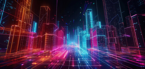 futuristic neon cityscape with glowing lines and digital elements