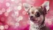 Nice chihuahua puppy dog with luxury jewelry collar necklace on pink background with bokeh lights
