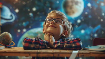 Wall Mural - Smiling student boy dreaming at school astronomy class, child learning about universe exploration, education and discovery concept for development of fantasy and imagination in classroom