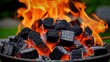 Charcoal briquettes ablaze in a grill, vibrant flames, and barbecue concept.