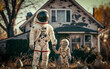 AI-rendered scene of an astronaut with a small companion outside a rustic house, symbolizing exploration and family.