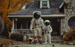 AI-rendered scene of an astronaut with a small companion outside a rustic house, symbolizing exploration and family.