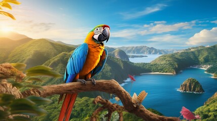 Wall Mural - Macaw yellow belly multi-colored parrot sitting on a branch against the backdrop of the sea and mountains in nature