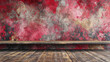 bench against  with red and grey aged  wall, wooden floor, and copy space