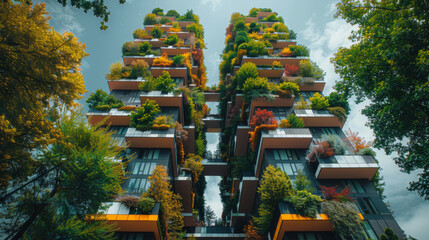 modern and ecological skyscrapers with many trees on each balcony. Bosco Verticale. Modern architecture, vertical gardens, terraces with plants. Green Planet. Blue sky.