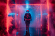 a firefighter using a futuristic holographic display to navigate through a smoky building, with the path and important objects outlined in glowing lines.