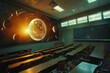 a digital classroom where the teacher's lessons are augmented with 3d models of the solar system, historical events, and scientific concepts, all glowing with interactivity.