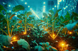 an urban garden with smart sensors in the soil, glowing to indicate water and nutrient levels.