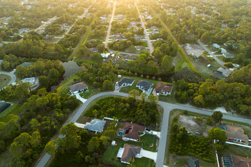 Wall Mural - Aerial view of suburban landscape with private homes between green palm trees in Florida quiet residential area
