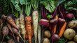 the earthy tones and intricate patterns of assorted root vegetables like carrots, beets, and turnips
