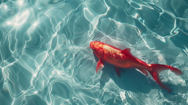 Big red fish on the sparkling white water. Beautiful curves, sunlight, light and shadow, natural light. Generated by artificial intelligence.	