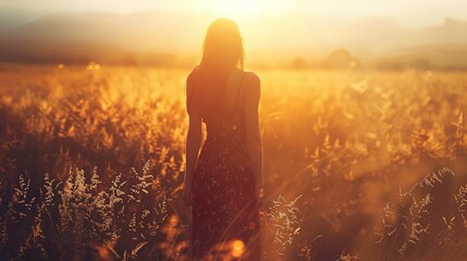 Wall Mural - A woman is standing in the middle of a field at sunset, with her back to the camera. She is wearing a sleeveless dress with a floral pattern, and her hair is long and straight, falling down her back. 