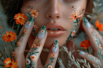 Wall Mural - a woman with flowers painted on her face and nails