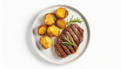 Wall Mural - Grilled beef steak and potatoes on plate isolated on white background, top view 
