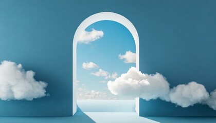 3d render, abstract minimal blue background with white clouds flying out the tunnel