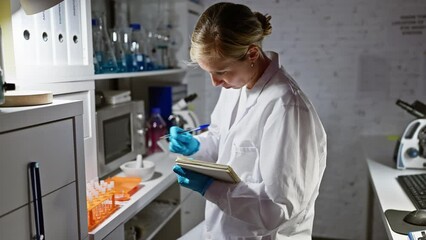 Poster - A young blonde woman in a lab coat taking notes in a modern laboratory setting.