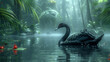 a Black swan on a serene pond with red flowers in the background in a Natural ethereal-themed, horizontal format of photorealistic illustration in JPG. Generative ai