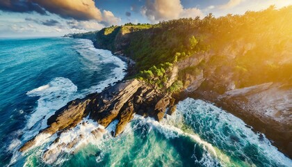 Wall Mural - Aerial view of sea waves and fantastic Rocky coast. Summer seascape from drone. Travel concept	