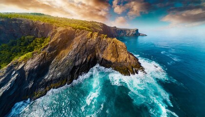 Wall Mural - Aerial view of sea waves and fantastic Rocky coast. Summer seascape from drone. Travel concept