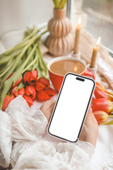 Wall Mural - Phone with isolated screen on background of spring decor