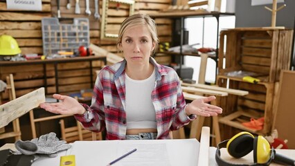 Sticker - Confused, clueless expression, young blonde carpenter woman doubting at carpentry table, beautiful and puzzled in indoor workshop