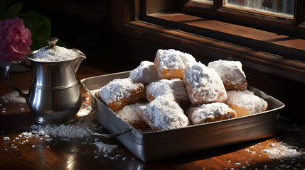 Bunuelos mexican desserts Food Photography, A tower of cream puffs with a dusting of powdered sugar