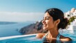 © adobedesigner - Beautiful women on vacation at Santorini relaxing in swimming pool looking out over ocean.