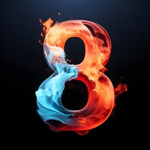 3D Glowing Burning Number Of 8 Smoke Or Cloud. Symbol 8 Abstract Neon Numbers. Isolated Colorful Blue Red White Numbers On Black Background, Hot And Cold Contrast 